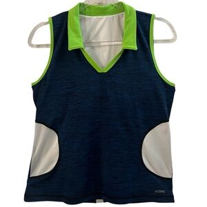 SOFIBELLA TOP, Size L, Blue, Green & White Fitness Top w/ Collar & Shelf Bra